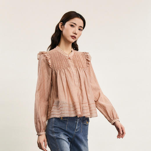 谜底格子衬衫长袖女2024春款复古特色宽松圆领亲肤衬衣241MS0082 商品图1