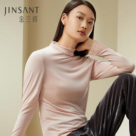 金三塔100%桑蚕丝舒适亲肤蕾丝边半高领打底衫女秋冬时尚搭配上衣  NZFDC724