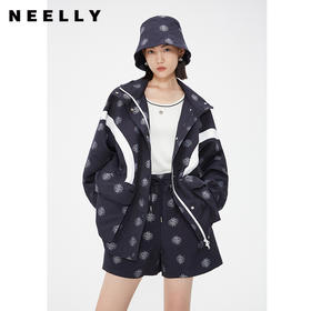 NEELLY纳俪商场同款春季撞色高腰短裤女复古印花松紧腰直筒休闲裤N24021H01094