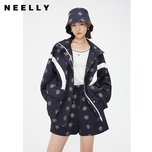 NEELLY纳俪商场同款春季撞色高腰短裤女复古印花松紧腰直筒休闲裤N24021H01094 商品图0