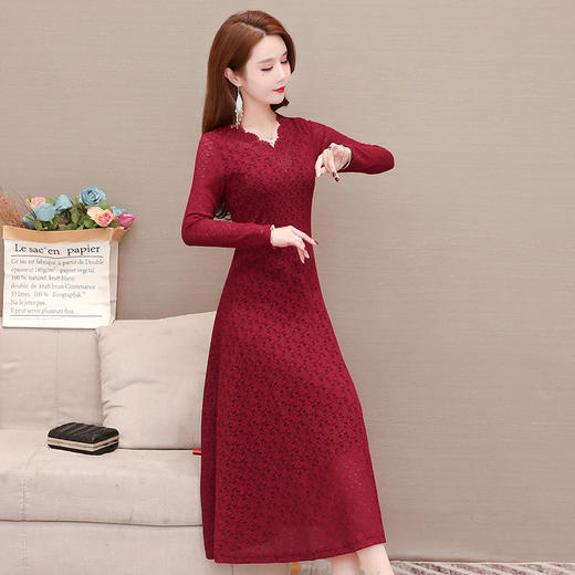 长款简约修身时尚连衣裙，春款V领长袖洋气通勤内搭打底裙QYM-OMS-CB028-L 商品图2