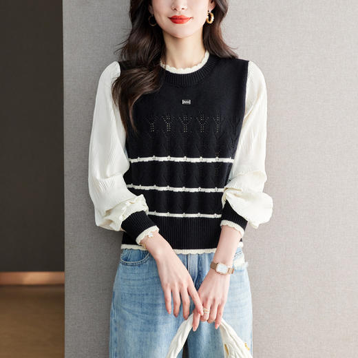 CC-QLS6669早春新款上衣假两件镂空针织衫薄款衬衫雪纺拼接长袖t恤女 商品图2