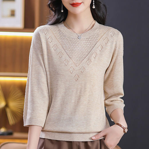 CC-101-31721春装七分袖圆领短款针织上衣女2024新款春季中袖打底衫宽松薄毛衣 商品图3