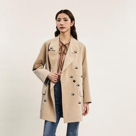 谜底中长款风衣女2024春款时尚西装领熊猫刺绣宽松外套241ME0060