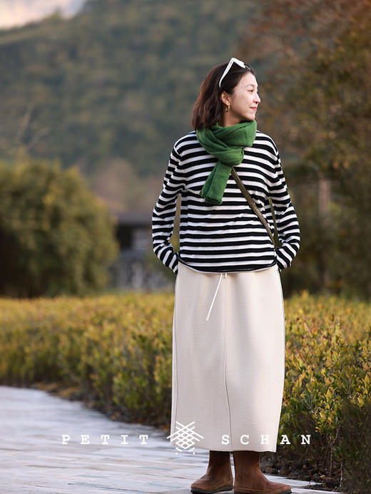 PETIT SCHAN小闪 CLO#429 relaxation 松弛感 棉混纺毛边拼接松紧腰卫裙长半裙 商品图7