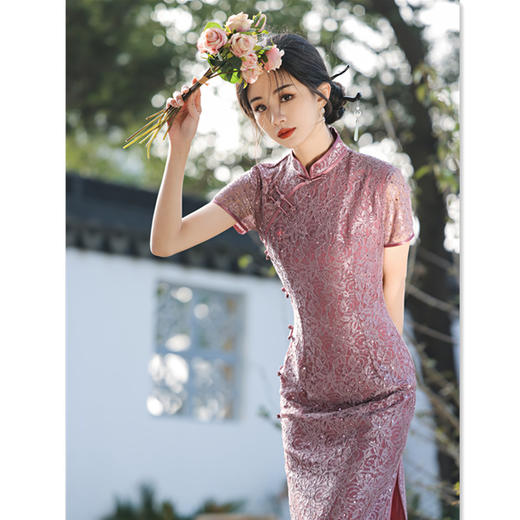 SYK22339 时尚水溶蕾丝长款双层短袖旗袍2024春夏新款改良日常旗袍裙 商品图1