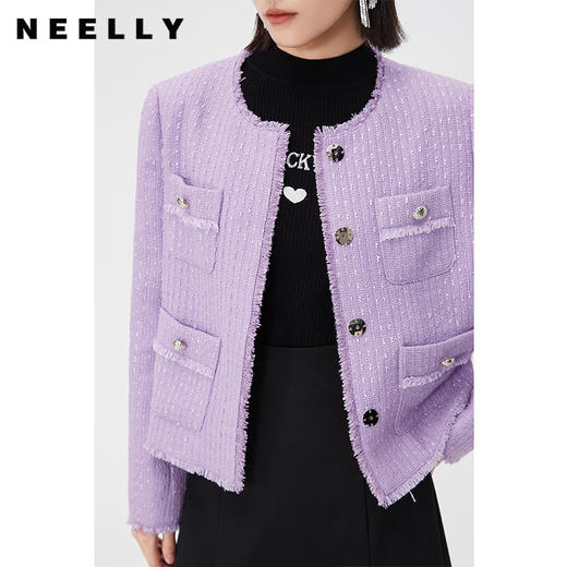 NEELLY纳俪商场同款春季紫色小香风外套女绵羊毛高级感气质短上衣N24021C01073 商品图2