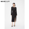 NEELLY纳俪商场同款春季黑色抽褶显瘦连衣裙女修身开叉长袖中长裙N24021Y01082 商品缩略图2