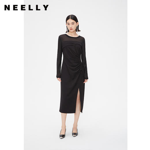 NEELLY纳俪商场同款春季黑色抽褶显瘦连衣裙女修身开叉长袖中长裙N24021Y01082 商品图2