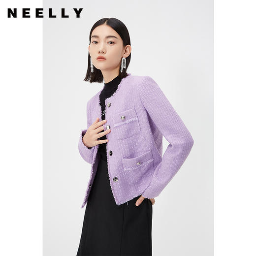 NEELLY纳俪商场同款春季紫色小香风外套女绵羊毛高级感气质短上衣N24021C01073 商品图0