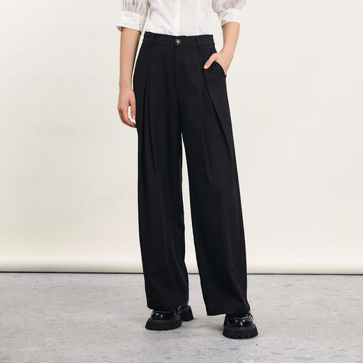 谜底阔腿裤女2024春季新款通勤风时尚高腰纯色宽松长裤241MK0141 商品图0