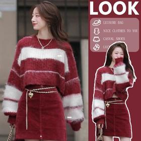 【两件套❗️红色条纹毛衣+红色半身裙套装】大码女装秋冬女2022新款法式条纹针织衫高腰a字半身裙