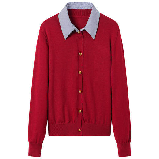 CC-QLS6655假两件衬衫领针织开衫女春秋季内搭本命年翻领短款毛衣外套上衣女 商品图4