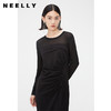 NEELLY纳俪商场同款春季黑色抽褶显瘦连衣裙女修身开叉长袖中长裙N24021Y01082 商品缩略图1