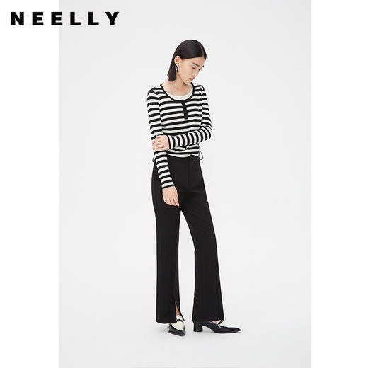 NEELLY纳俪商场同款春假两件黑白条纹针织衫女抽褶显瘦设计感上衣N24021A01065 商品图1