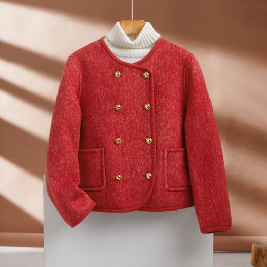 ALBB-2023秋冬新款小香风双排扣毛呢外套女休闲针织边圆领气质羊毛大衣 商品图9