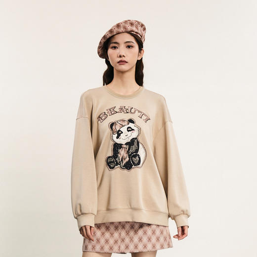 谜底中长款卫衣女2024春新款学院风大熊猫绣花圆领上衣241MV0074 商品图0