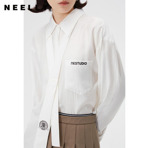 NEELLY纳俪商场同款春翻领白色衬衫女时尚领带设计感独特别致上衣N24021B01071 商品图1
