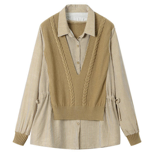 CC-QLS6651衬衫拼接假两件针织衫卫衣女早春秋打底内搭遮屁股毛衣长袖上衣服 商品图4