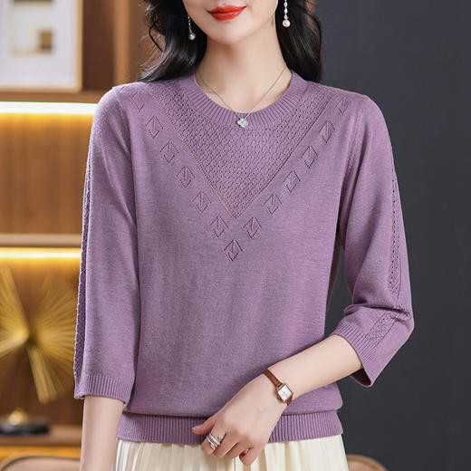 CC-101-31721春装七分袖圆领短款针织上衣女2024新款春季中袖打底衫宽松薄毛衣 商品图0