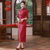 新品麂皮绒雕印斜襟长款旗袍红色文艺复古中国风旗袍MLS6777 商品缩略图1
