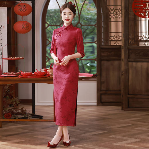 新品麂皮绒雕印斜襟长款旗袍红色文艺复古中国风旗袍MLS6777 商品图1