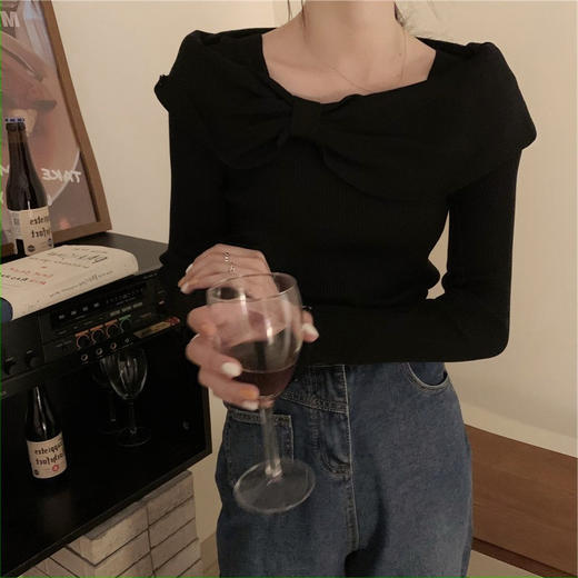 春秋季【设计感 气质一字领套头毛衣女】韩版外穿修身 蝴蝶结 打底针织衫 商品图1