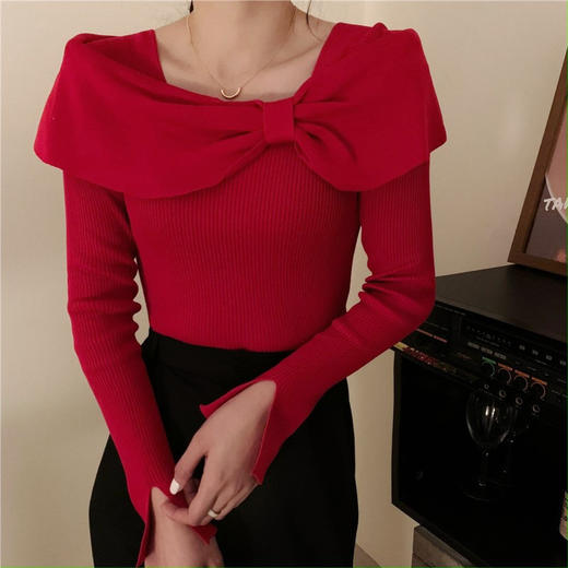 春秋季【设计感 气质一字领套头毛衣女】韩版外穿修身 蝴蝶结 打底针织衫 商品图2