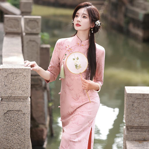 新品麂皮绒雕印斜襟长款旗袍红色文艺复古中国风旗袍MLS6777 商品图2