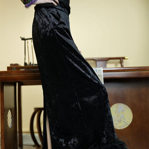 毛毛下摆拼接钻石绒半身裙，开叉显瘦气质中长款直筒包臀裙FL9648 商品图3