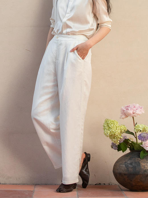 牧衣游原创 绢丝麻净色裤子舒适耐穿白色百搭宽松休闲裤新款 良辰 商品图1