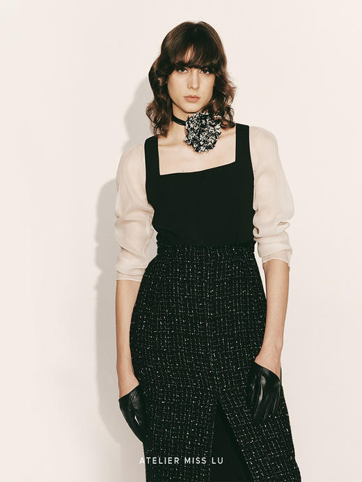 【雾色迷离】绵羊毛粗花呢拼接方领纱袖连衣裙23000055A 商品图2