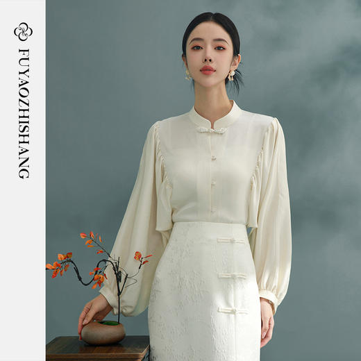 立领古风衬衫女2024新款盘扣上衣日常改良纯色长袖衬衣 商品图3