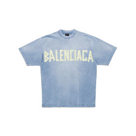 【一】BALENCIAGA 巴黎世家 男士复古平纹针织号贴带型圆领短袖T恤 蓝色 739784 TOVA9 4530