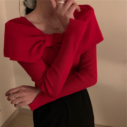 春秋季【设计感 气质一字领套头毛衣女】韩版外穿修身 蝴蝶结 打底针织衫 商品图0
