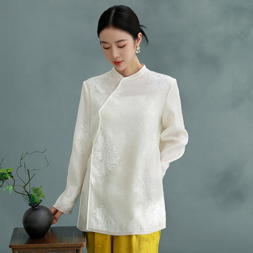 扶摇 中国风提花衬衫女春2024年新款复古民国风立领长袖上衣 商品图0