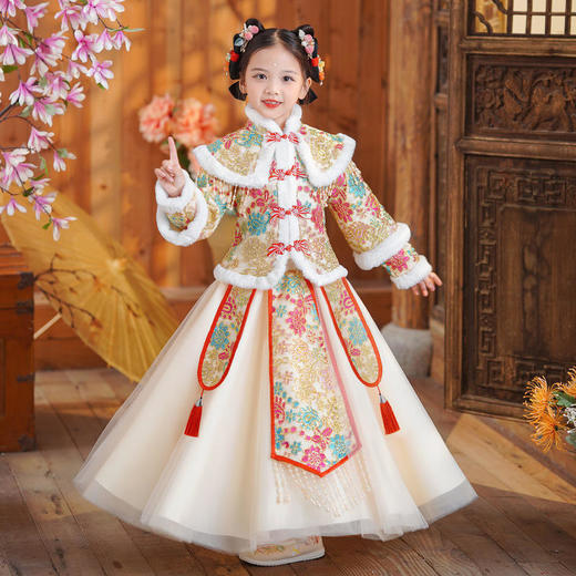 ALBB-中国风女童加绒两件套过年服加绒唐装拜年服套装 商品图0
