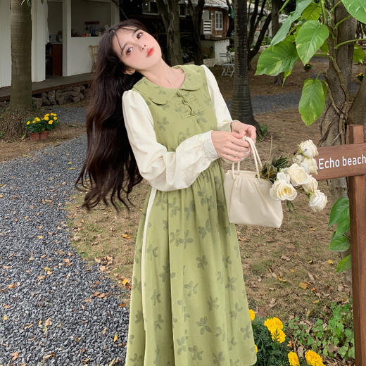 新中式【汉元素长袖 假两件娃娃领 连衣裙女】春秋款 甜美温柔 碎花长裙子 商品图5