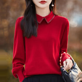 春秋半高翻领烫钻羊毛针织衫，女装新款时尚灯笼袖开叉毛衣女打底衫QH-NS812