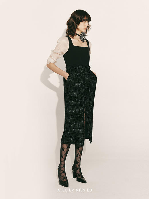 【雾色迷离】绵羊毛粗花呢拼接方领纱袖连衣裙23000055A 商品图1