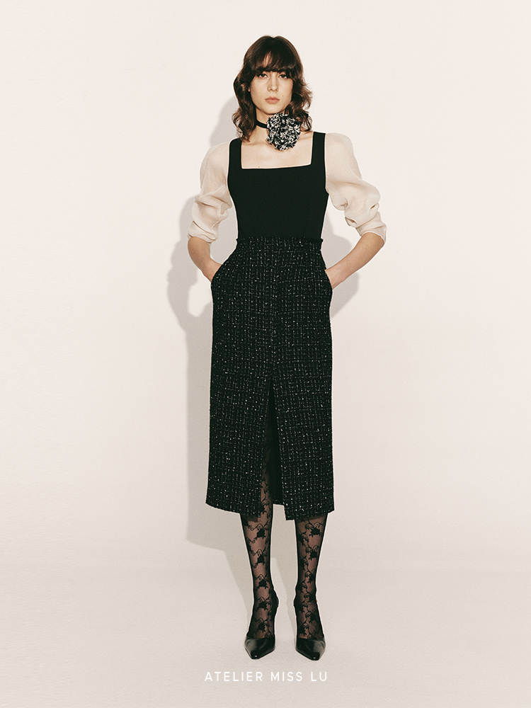 【雾色迷离】绵羊毛粗花呢拼接方领纱袖连衣裙23000055A