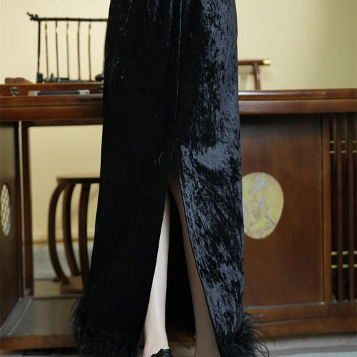 毛毛下摆拼接钻石绒半身裙，开叉显瘦气质中长款直筒包臀裙FL9648 商品图2