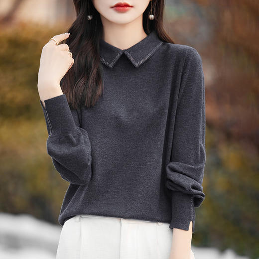 春秋半高翻领烫钻羊毛针织衫，女装新款时尚灯笼袖开叉毛衣女打底衫QH-NS812 商品图3