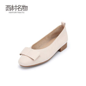 西村名物2024春季新款平底舒适浅口蝴蝶结真皮单鞋粗跟皮鞋X24AE10401