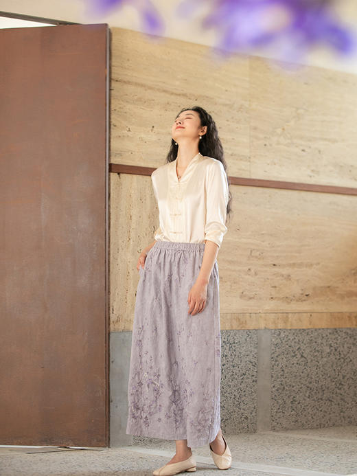 牧衣游原创 匹绣亚棉麻混纺半裙炒色素雅宽松a字半身裙 瑶花慢 商品图2