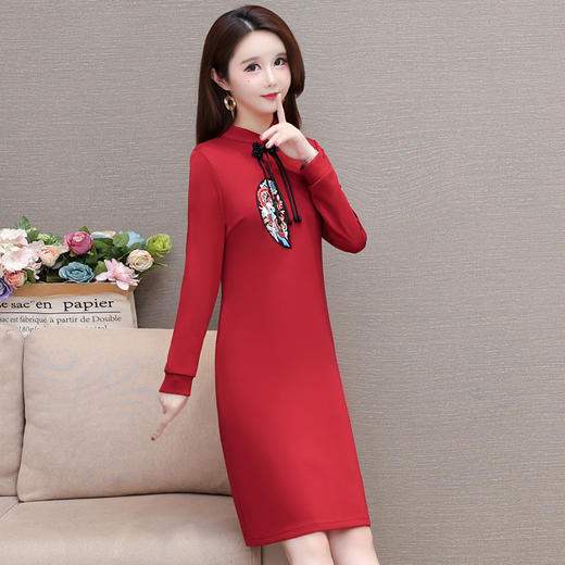 国风中式洋气时髦连衣裙，圆领长袖通勤修身大码A字裙QYM-KSY-YM2448-L 商品图2