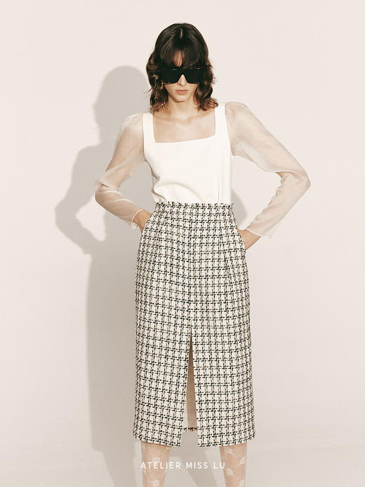 【月白】绵羊毛粗花呢拼接方领纱袖连衣裙23000055B 商品图1