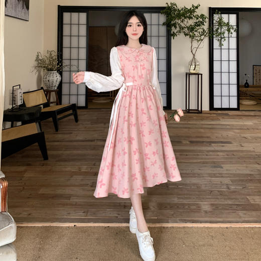 新中式【汉元素长袖 假两件娃娃领 连衣裙女】春秋款 甜美温柔 碎花长裙子 商品图6