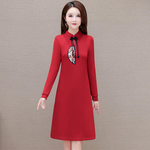 国风中式洋气时髦连衣裙，圆领长袖通勤修身大码A字裙QYM-KSY-YM2448-L 商品图0
