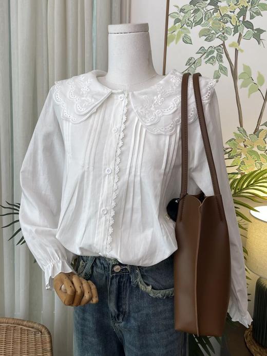 春季【法式娃娃领上衣 日系文艺系】休闲日常 木耳袖口 白色长袖衬衫女  商品图0